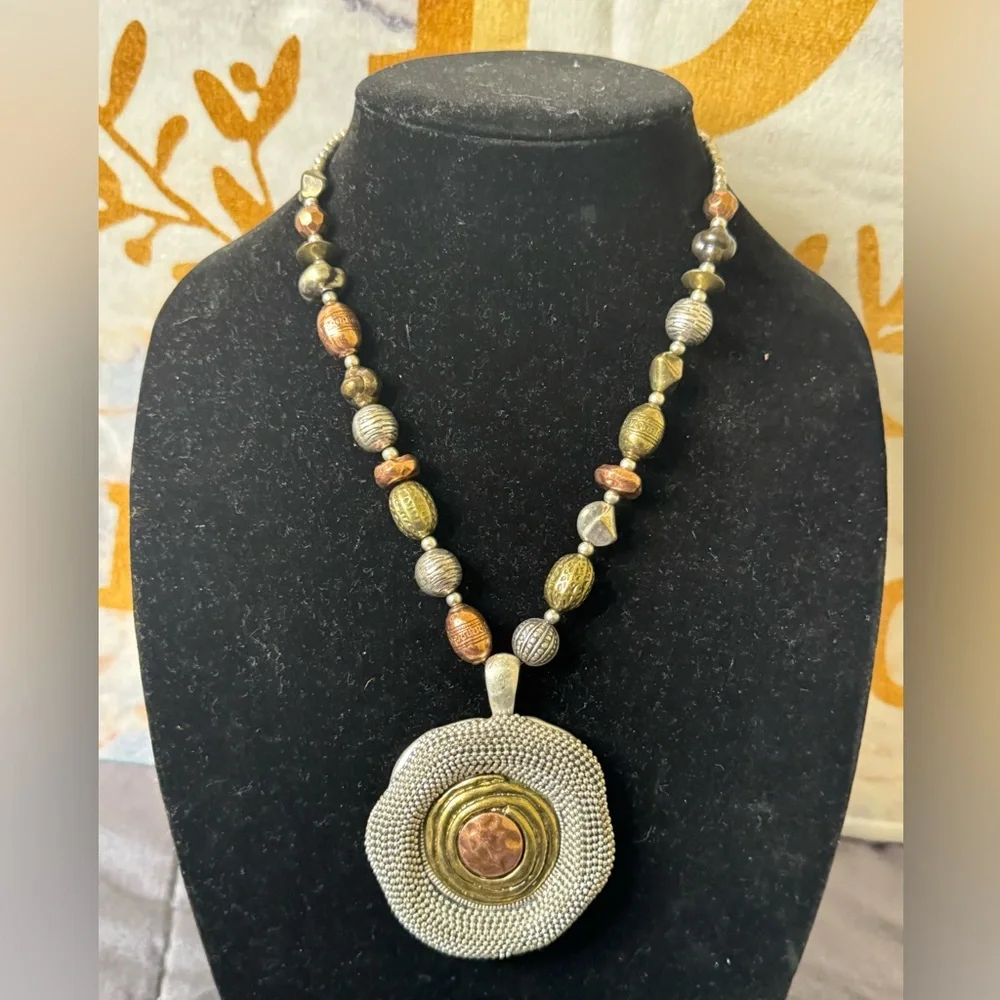 Boho Mixed Metal Statement Necklace w/ Large Textured Pendant - Picture 2 of 9